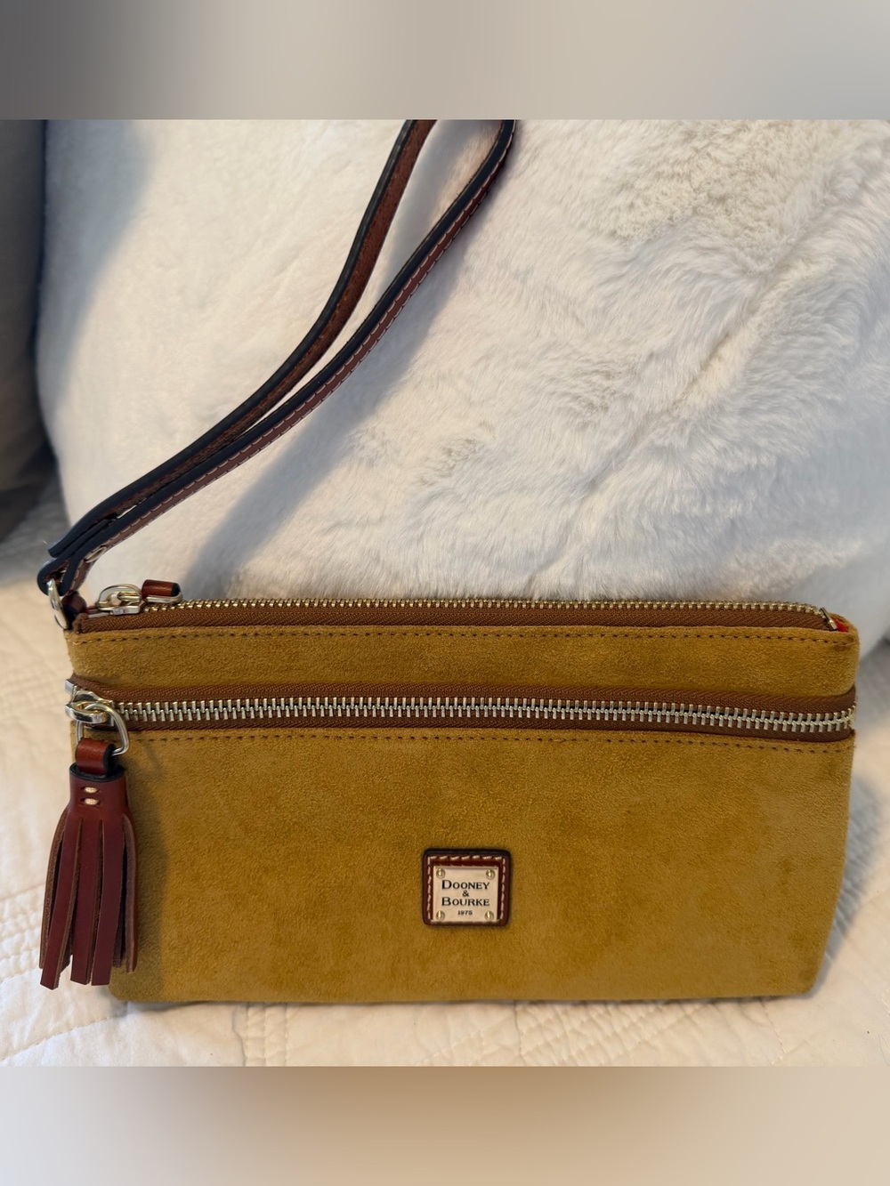 Dooney & Bourke Mustard Suede Double Zip Clutch Wristlet 9x5.5